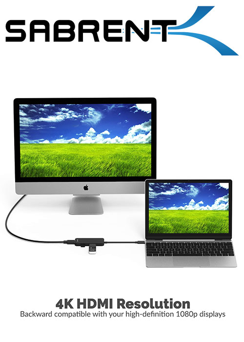 Sabrent Black Aluminum Type-C to 2- Port USB 3.0 and HDMI Adapter