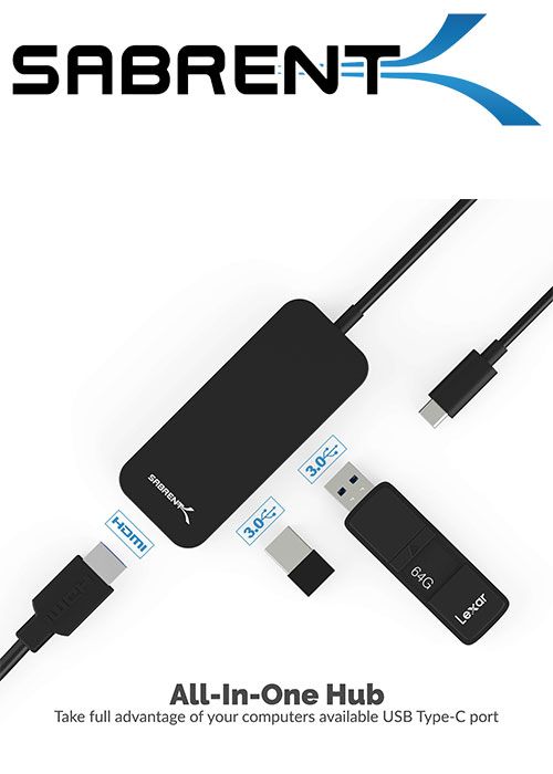 Sabrent Black Aluminum Type-C to 2- Port USB 3.0 and HDMI Adapter