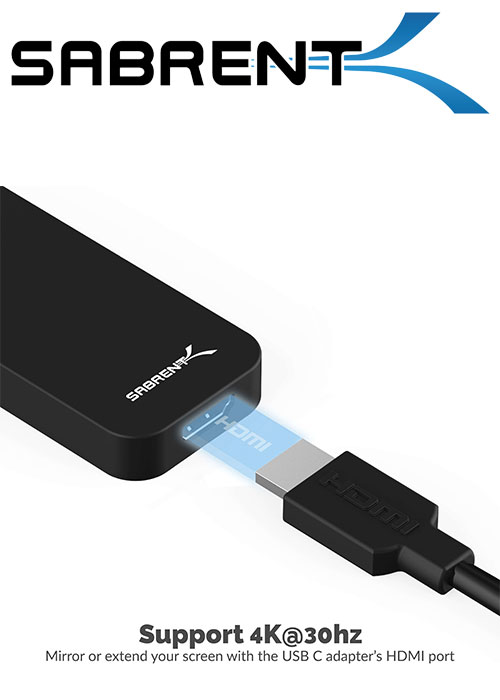 Sabrent Black Aluminum Type-C to 2- Port USB 3.0 and HDMI Adapter