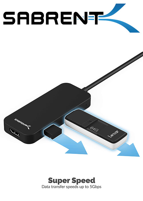 Sabrent Black Aluminum Type-C to 2- Port USB 3.0 and HDMI Adapter