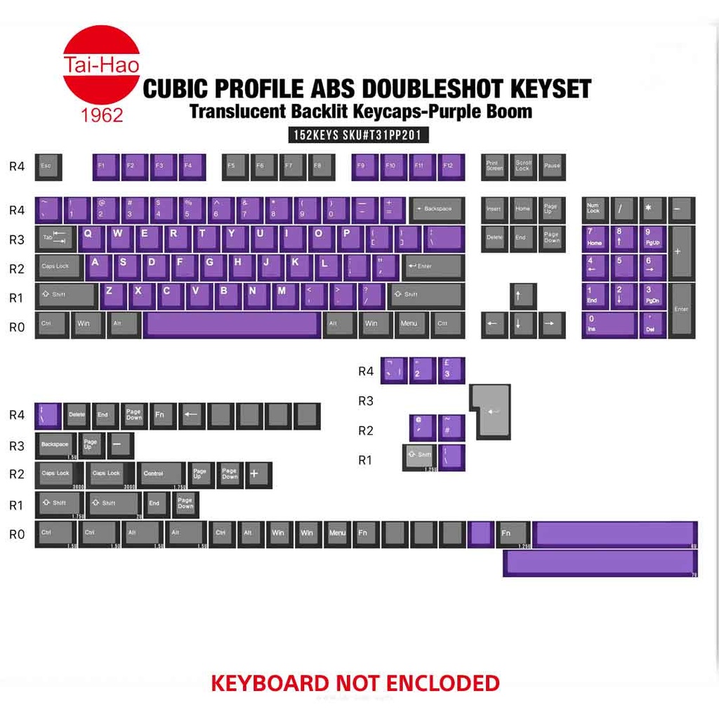 Tai-Hao 152-Keys ABS Double Shot Cubic-Keycap Set - Translucent Purple Boom