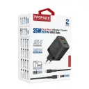 Promate 25W Dual Port Adapter Combo With 60W USB-C Cable