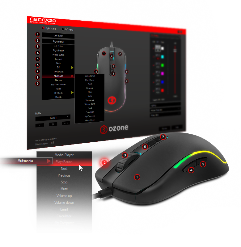 Souris gamer ambidextre ozone néon x20, 10000dpi, rgb spectra +