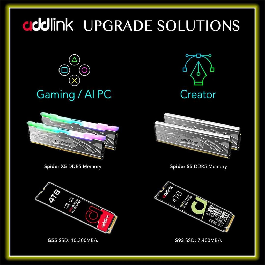 addlink SSD 2TB M.2 2280 PCIe GEN5X4 NVMe   ( Up to R:10300
,W:9000)