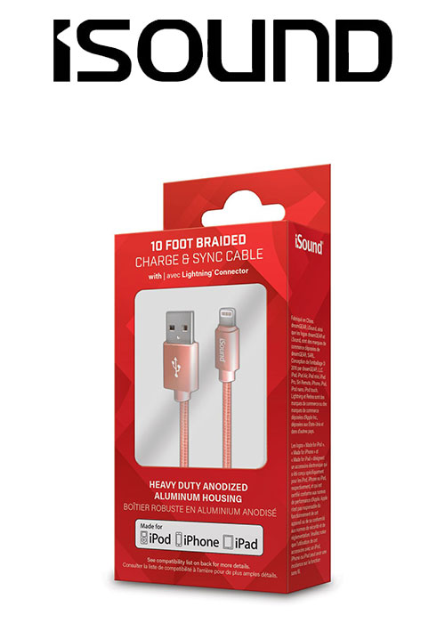 ISOUND 10FT BRAIDED LIGHTNING CABLE - ROSE
