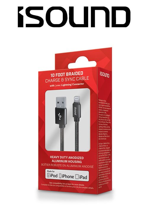 ISOUND 10FT BRAIDED LIGHTNING CABLE - BLACK