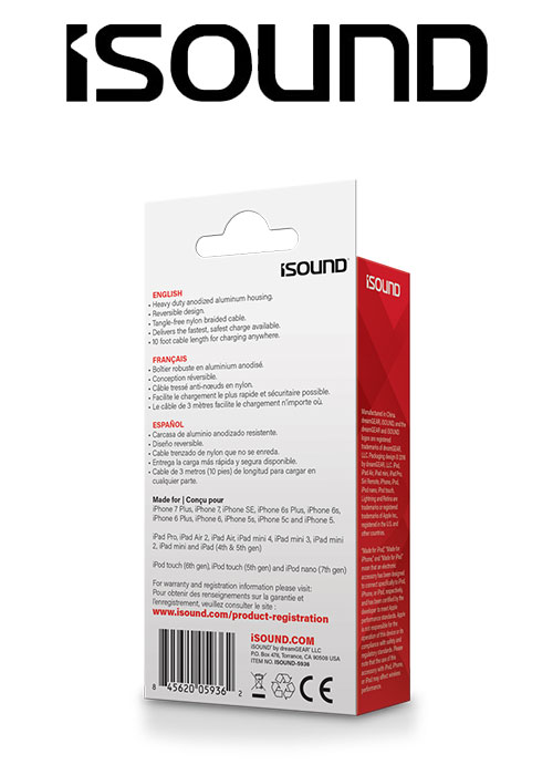 ISOUND 10FT BRAIDED LIGHTNING CABLE - BLACK
