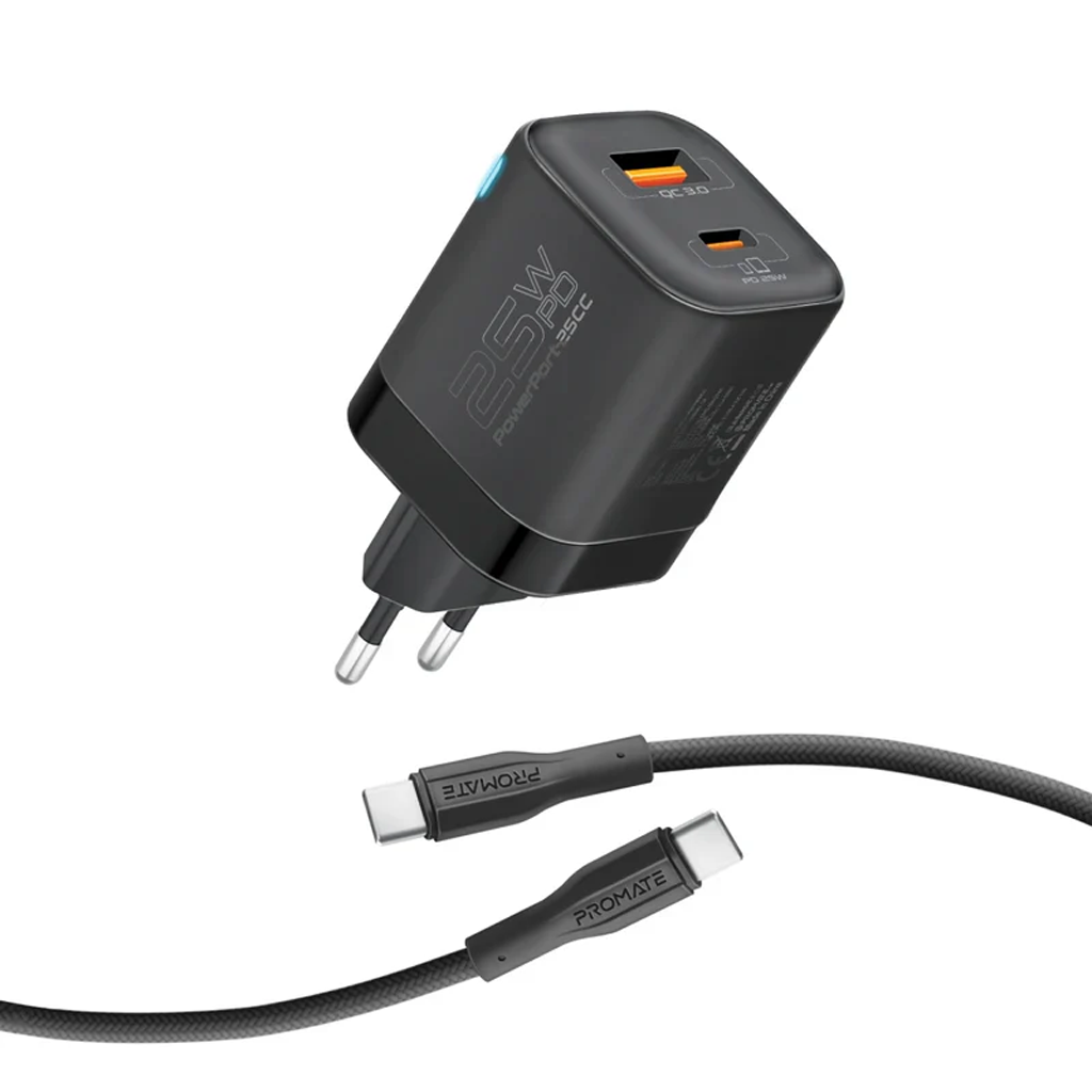 Promate 25W Dual Port Adapter Combo With 60W USB-C Cable