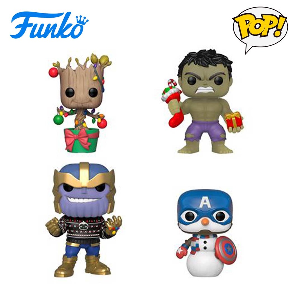Funko Pop! Marvel: Groot, Hulk, Thanos, Captain America Snowman - 4 Vinyl Figures
